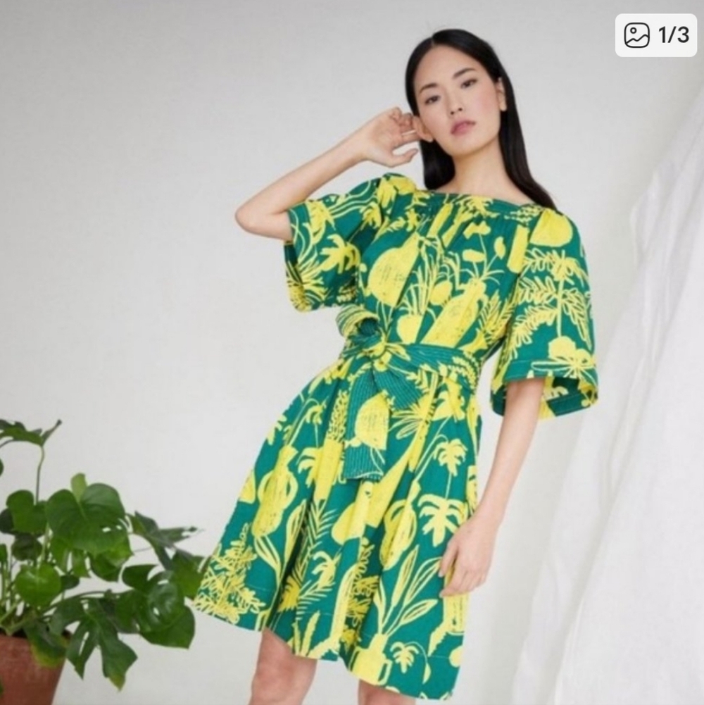 WHIT Women's Yellow Green Mira Potted Plant Dress XS